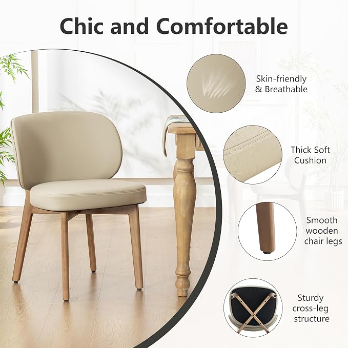 YOUNIKE Dining Chairs Set of 6 Modern Kitchen Dining Room Chairs Khaki | Faux Leather Upholstered Armless Side Accent Chair with Back Wide Padded Seat Wooden Leg, Soft, Breathable, Comfortable