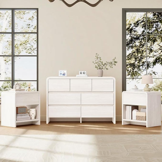 AMERLIFE Modern 3-Piece Bedroom Furniture Set with 7-Drawer Dresser and 2 Nightstands, Large Storage Capacity, Rounded Corners, Flexible Combination Design, Anti-Tip Kit Included, White