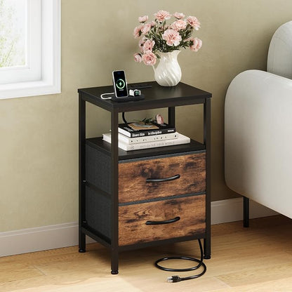 DUMOS Nightstand with Charging Station Built in USB Ports and AC Outlets Bedside Table with Adjustable Fabric Drawer and Open Shelf Modern End Table for Bedroom,Black and Brown