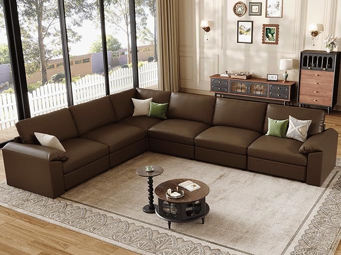 EASE MOOSE Leather Sectional Couch, Oversized Modular Sectional Sofa, Classic Wide Deep Seat Modular Couch, Scratch Resistant Faux Leather Material, L Shaped Sofas for Living Room, Deep Brown