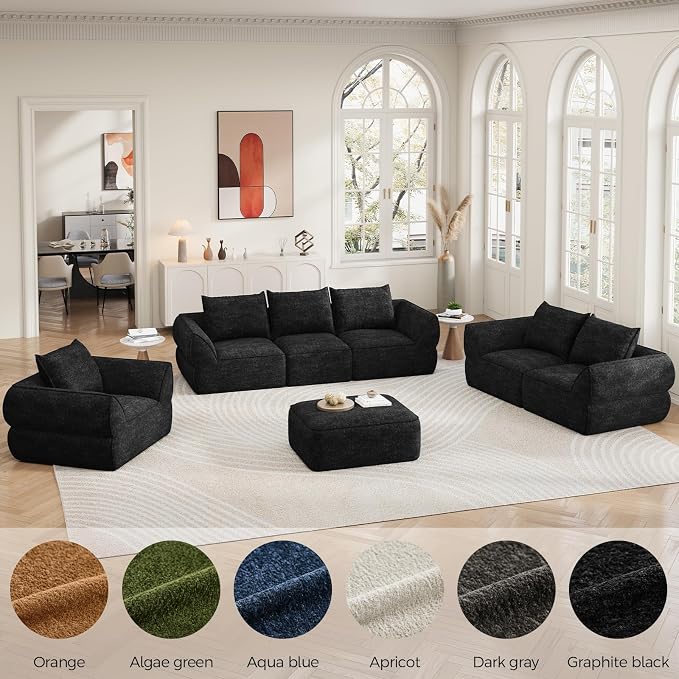 104" Modular Sectional Sofa with Deep Seat, L Shaped Cloud Couch for Living Room, 3-Seater Boneless Sofa with Movable Ottomans, Removable Cover, No Assembly Required, Graphite Black
