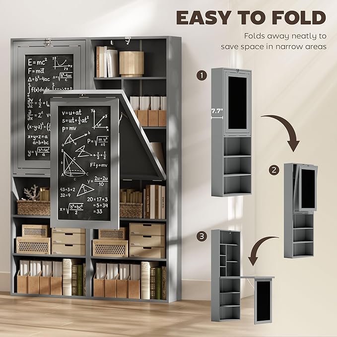 HOMCOM Foldable Convertible Writing Table, Wall Mounted Space-Saving Computer Desk with Chalkboard and Storage Shelves for Small Spaces, Home Office, Bedroom, Dorm, Apartment, Charcoal Gray