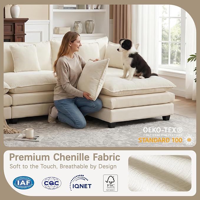 Modular Sectional Sofa for Living Room, 70" Oversized Cloud Couch with Movable Ottoman, 3 Seat Modern Comfy Sofa Chenille Deep Seat Couches with L Shape, Bedroom Living Room (Beige 70" Loveseat)