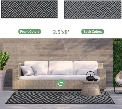 GENIMO Outdoor Rugs 2.5'x8' Waterproof, Reversible Mats, Outdoor Area Rug, Plastic Outside Carpet, Eeometric Rv Mat for Patio Camping Rv Picnic Backyard Deck Balcony Porch Beach (Black & Grey)