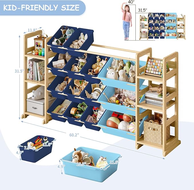 EXPERLAM Extra Large Toy Storage - Toy Storage Organizer, Wooden Toy Organizer with 6 Side Shelves and 16 Bins, 3-in-1 Bookshelf for Kids Rooms, Playroom, Nursery, Blue