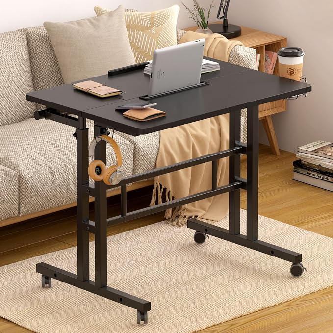 SogesHome 31.5 inch Mobile Standing Desk Adjustable Computer Desk Rolling Laptop Cart Portable Laptop Stand on Wheels Home Office Workstation with Cup Holder,Headphone Holder, Upgrade Black