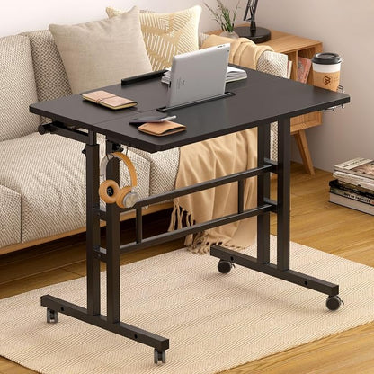 SogesHome 31.5 inch Mobile Standing Desk Adjustable Computer Desk Rolling Laptop Cart Portable Laptop Stand on Wheels Home Office Workstation with Cup Holder,Headphone Holder, Upgrade Black