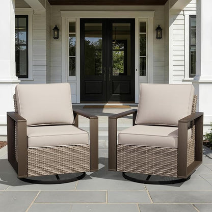 Joyside Outdoor Patio Swivel Rocker Chairs Set, 2 Pieces Wicker Rattan Chairs with Metal Wide Armrest, Thick Cushions and Deep Seating for Garden, Backyard, Porch, Deck