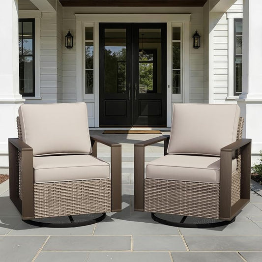 Joyside Outdoor Patio Swivel Rocker Chairs Set, 2 Pieces Wicker Rattan Chairs with Metal Wide Armrest, Thick Cushions and Deep Seating for Garden, Backyard, Porch, Deck