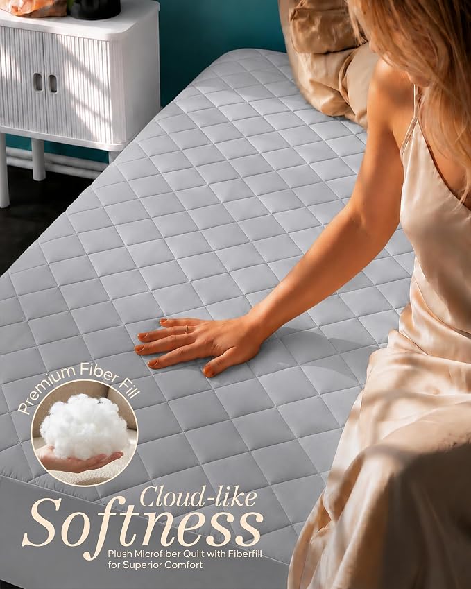 Quilted Fitted Mattress Pad, Full Mattress Protector Topper with Deep Pocket Stretches up to 16 Inches, Machine Washable Mattress Cover by Utopia Bedding (Light Grey)