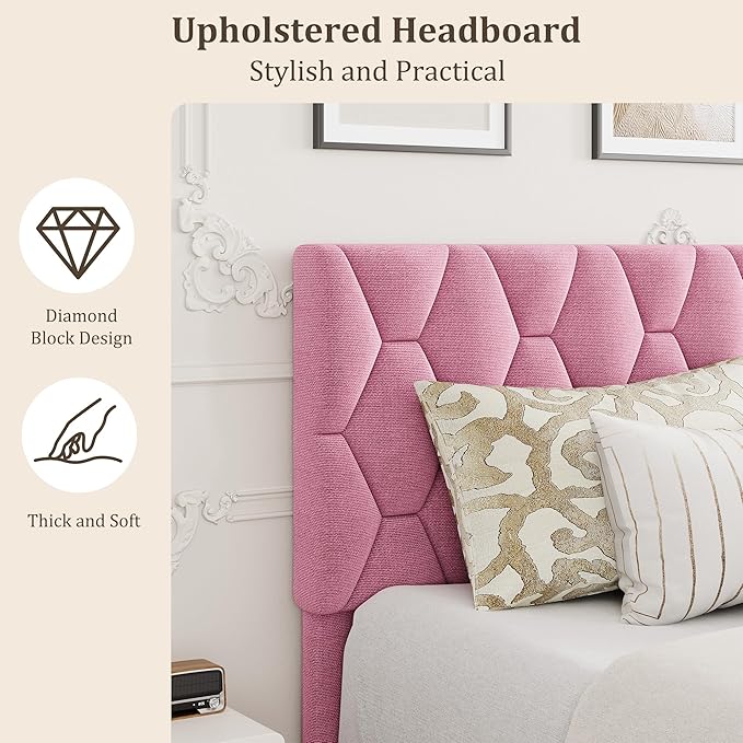 GAOMON Pink Full Bed Frame with Upholstered Headboard, Heavy-Duty Platform Bed Frame with Strong Wood Slats, No Box Spring Needed/Noise Free/Easy Assembly
