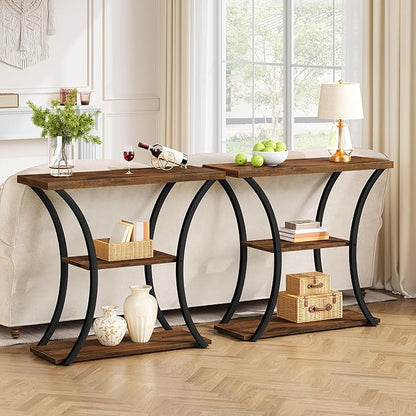 Hoctieon 3 Tier Console Table with Open Wood Shelves, Decorative Entryway Table with Curved Metal Frames, Narrow Sofa Table for Entrance, Living Room, Hallway, Rustic Brown+Black