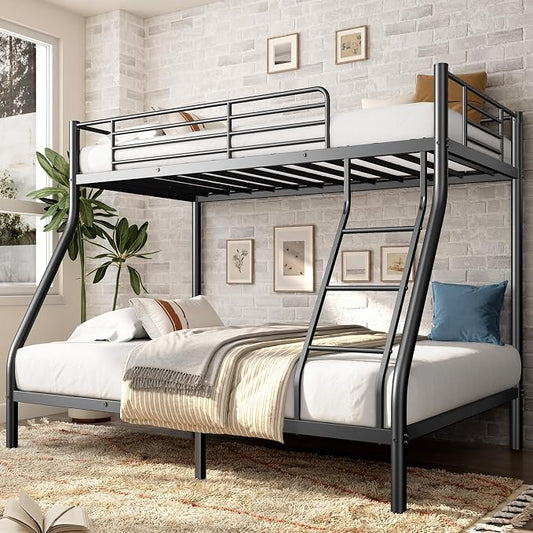 EMKK Twin Over Full Bunk Bed for Adults, Metal Bunk Beds Twin Over Full Size for Teens Dorm Bedroom Guest Room,Heavy Duty Bunk Beds with Ladder and Safety Full Length Guardrail (Black H)
