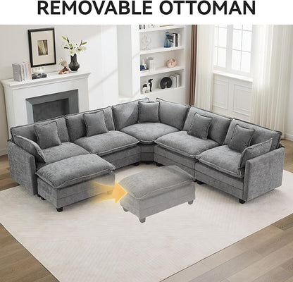 113'' V Shaped Cloud Sectional Sofa, Oversized Deep Seat Couches for Living Room, Chenille Comfy Upholstered Modular Sectional Sofa Couch, Grey