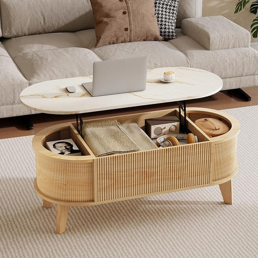 LYNCOHOME 43.3" Fluted Lift Top Coffee Table with Storage, White Faux Marble Top Center Table, Modern Oval Coffee Table for Living Room or Home Office（Elegant Light Oak, Natural）