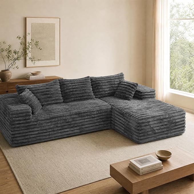 Cloud Sectional Couch with L-Shape Chaise,Modern Modular Sofa with Deep Seat, Upholstered Couches with Right Facing Chaise for Living Room Bedroom, No Assembly Required, Grey (Plush Corduroy Fabric) | 102.4" Modular Sectional Sofa, Cloud Couch Sectiona...