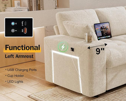 Vipbear 111" Modular Sectional Sleeper Sofa with Pull Out Bed, 7 Seat Chenille L Shaped Couch with Storage Chaise|USB Ports|Cup Holders|Side Table|LED Light, Tool Free Assembly, Beige
