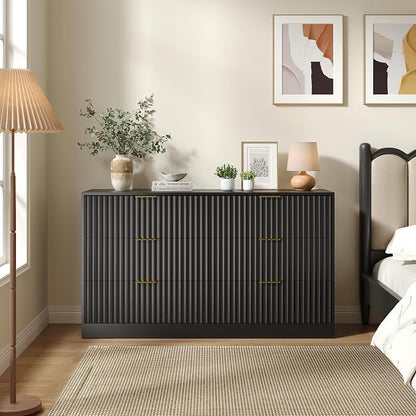 Black 6 Drawer Dresser for Bedroom, 55" Wide Fluted Chest of Drawers with Gold Metal Handles, Wood Dresser Storage Organizer Mid Century TV Stand for Living Room Closet Hallway