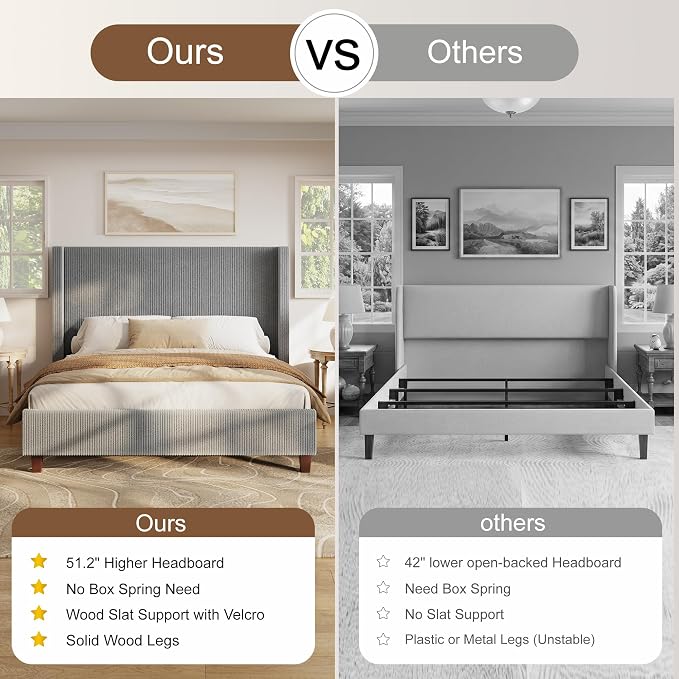 HOWE Queen Size Bed Frame with 50.8 Inch Corduroy Wingback Headboard, Gray | Modern Upholstered Platform Bed, Solid Wood Slats, No Box Spring Needed, Noise-Reducing Design