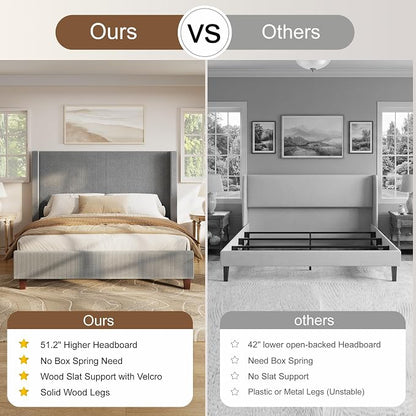 HOWE King Size Bed Frame with 50.8 Inch Corduroy Wingback Headboard, Gray | Modern Upholstered Platform Bed, Solid Wood Slats, No Box Spring Needed, Noise-Reducing Design
