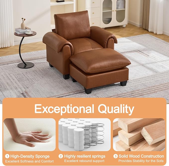 44.5" Faux Leather Oversized Single Sofa with Movable Ottoman, Accent Chair with Curved Armrests, Cloud Modern Sofa Upholstered Reading Lounge Armchair for Living Room, Bedroom，Brown