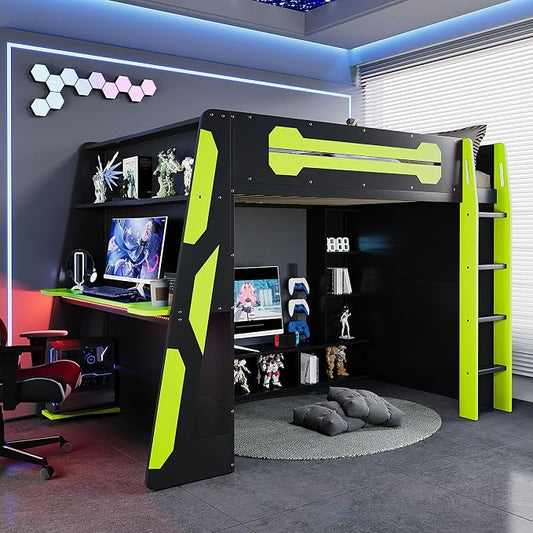 Merax Full Size Loft Bed with Desk, Multi-Storage Shelves and RGB Light | Space-Saving Wooden Gaming Bed Frame with Charging Station and Guardrail