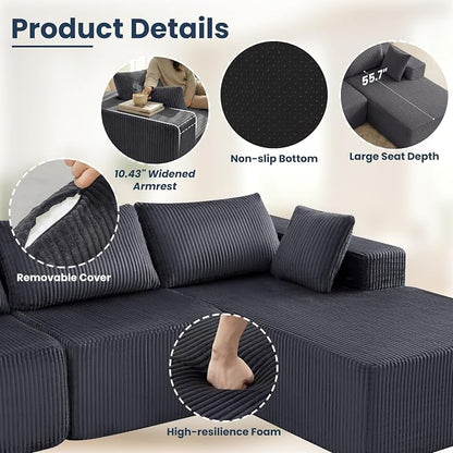 DUMOS 108" L-Shaped Sectional Boneless Couch for Living Room, Upholstered Corduroy Sofa with Deep Seat for Small Apartment, Bedroom, No Assembly in a Box, Right Facing Chaise, Grey