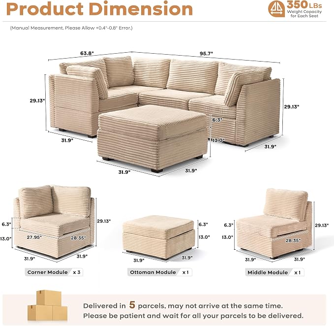 ovios Modular Sectional Sofa Couch with Sofa Bed L-Shape Chaise, Comfy Plush Corduroy Cloud Couches, Modern Luxury Deep Seat Sofas Set for Living Room, 5-Seater, Beige