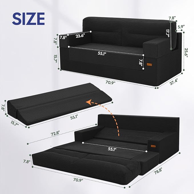 MeMoreCool Queen Sofa Bed, 4-in-1 Pull Out Couch Bed with Wedge Pillow, Boneless Futon Sleeper Loveseat, No Assembly Folding Sofa for Living Room Guest Room, Black Corduroy
