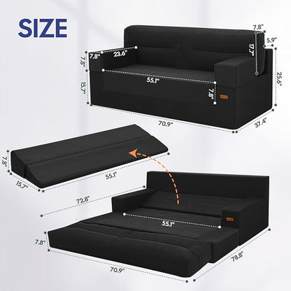 MeMoreCool Queen Sofa Bed, 4-in-1 Pull Out Couch Bed with Wedge Pillow, Boneless Futon Sleeper Loveseat, No Assembly Folding Sofa for Living Room Guest Room, Black Corduroy