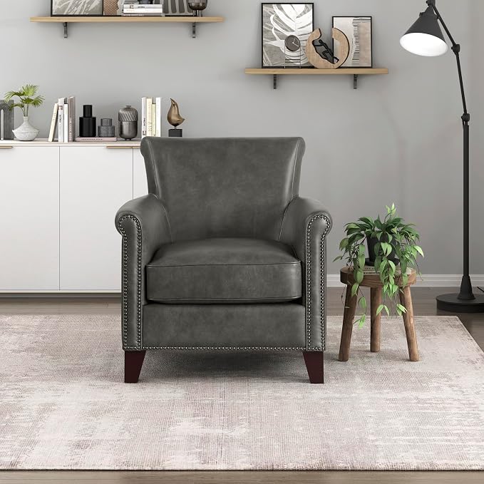 Lexicon 100% Top Grain Genuine Leather Chair, Leather Accent Chairs for Living Room, Solid Wood Frame, Rolled Armrest & Nailhead Trim, Comfy Reading for Bedroom, Office, Waiting Room, Gray