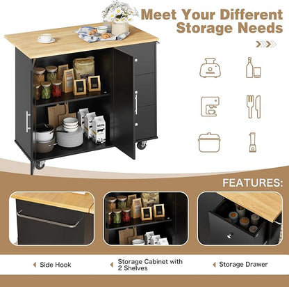 Shintenchi Kitchen Island with Folding Drop Leaf, Rolling Island Table with Storage, Kitchen Cabinet on Wheels with Seating Area for Kitchen, Bar Cart with Cabinet, Black
