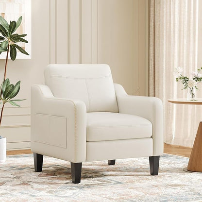 MALOL PU Leather Accent Chair, Mid-Century Modern Living Room Armchair Sofa with Removable Cushions, Solid Wood Frame & Stitched Armrest Design, Bedroom Chair with Plastic Legs, Beige
