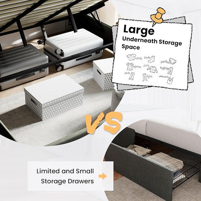 SHA CERLIN King Size Lift Up Storage Bed/Modern Wingback Headboard/Upholstered Platform Bed Frame/Hydraulic Storage/No Box Spring Needed/Wood Slats Support/Dark Grey