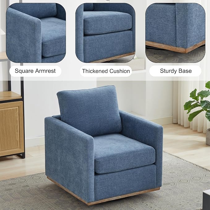 Swivel Accent Chair, 360 Degree Square Swivel Chair for Living Room, Mid Century Modern Upholstered Barrel Chair,Comfy Sofa Armchairs for Bedroom,Nursery,Chenille, Blue