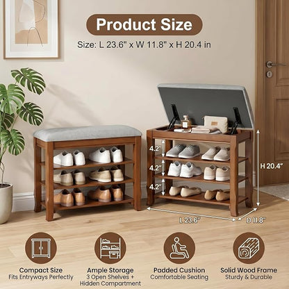 Solid Wood Shoe Bench with Storage, Flip-Top Soft-Close Lid, Adjustable Shelves, Cushioned Entryway Shoe Rack Organizer, 23.6"