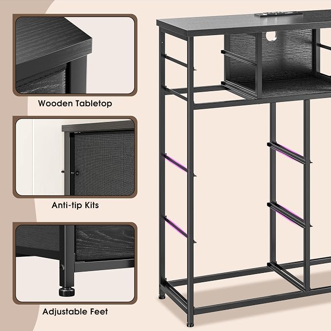 Romorgniz Black Dresser for Bedroom with LED Lights & Power Outlets 2 AC & 2 USB, Fabric 10 Drawer Dressers & Chest of Drawers with Open Shelves for Hallway Living Room Closet, Metal Frame, Wood Top