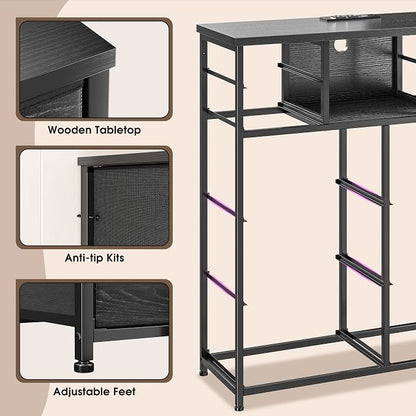 Romorgniz Black Dresser for Bedroom with LED Lights & Power Outlets 2 AC & 2 USB, Fabric 10 Drawer Dressers & Chest of Drawers with Open Shelves for Hallway Living Room Closet, Metal Frame, Wood Top