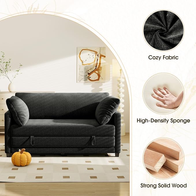 Myroyalsit 65" Convertible Loveseat Sofa Bed, 2-in-1 Folding Sofa Bed with 2 Pillow for Small Spaces, Modern Loveseat Sleeper Couch for Apartment, Living Room & Guest Room (Black Chenille, 65 inch)