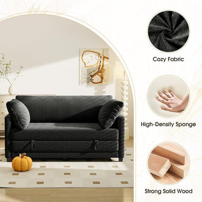 Myroyalsit 65" Convertible Loveseat Sofa Bed, 2-in-1 Folding Sofa Bed with 2 Pillow for Small Spaces, Modern Loveseat Sleeper Couch for Apartment, Living Room & Guest Room (Black Chenille, 65 inch)