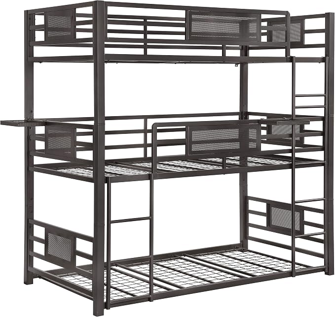 Coaster Home Furnishings Rogen Rustic Metal Twin Over Twin Over Twin Size Triple Bunk Bed Frame with Ladder and Guardrails Fully Slatted Mattress Ready Foundation Dark Bronze 460394T