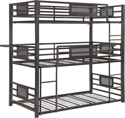 Coaster Home Furnishings Rogen Rustic Metal Twin Over Twin Over Twin Size Triple Bunk Bed Frame with Ladder and Guardrails Fully Slatted Mattress Ready Foundation Dark Bronze 460394T