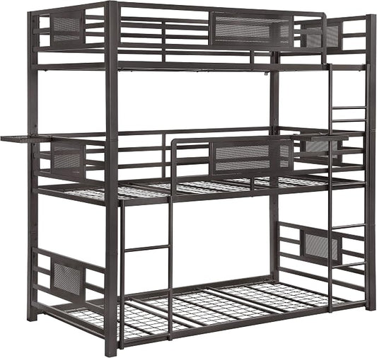 Coaster Home Furnishings Rogen Rustic Metal Twin Over Twin Over Twin Size Triple Bunk Bed Frame with Ladder and Guardrails Fully Slatted Mattress Ready Foundation Dark Bronze 460394T