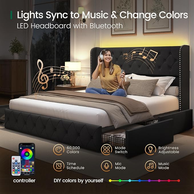 LARMACE King Size Bed Frame with LED Lights and 4 Storage Drawers Linen Upholstered Platform Bed Frame with 47.2" Tall Tufted Headboard Wingback, No Box Spring Needed, Easy to Assemble, Dark Grey