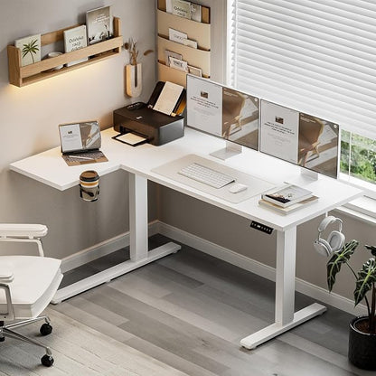 Muvai 71 Inch L Shaped Standing Desk Adjustable Height with Cable Management Tray,Gaming Electric Corner Standing Desk, Sit Stand Computer Table with Reversiable Splice Board, White