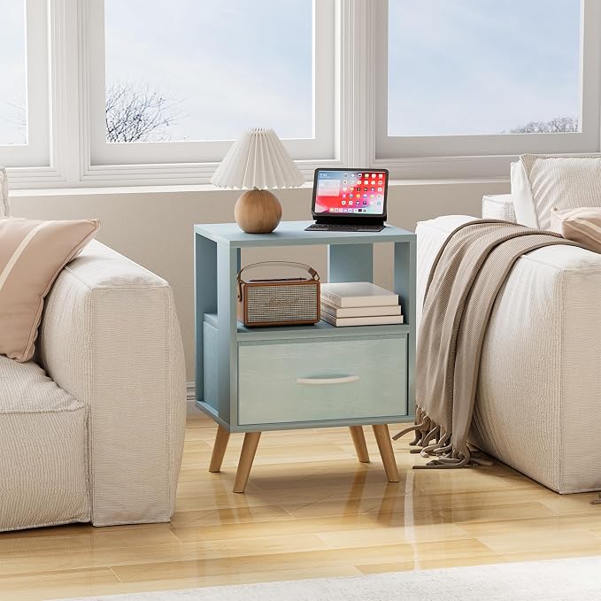 Huhote Kids Nightstand, 2-Tier Night Stand with Drawer, Modern Side Table for Bedroom, Study Room, Small Spaces, Blue