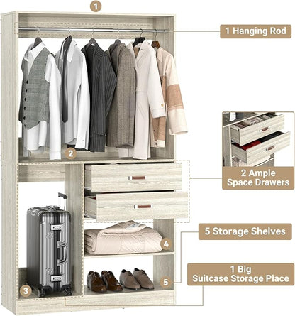 Armocity Freestanding Closet System with Suitcase Storage, 40 Inches Stand-Alone Wardrobe with 2 Wood Drawers, 80'' Height Adjustable Cloth Garment Rack, Walk-in Closet with Hanging Rod, White Oak
