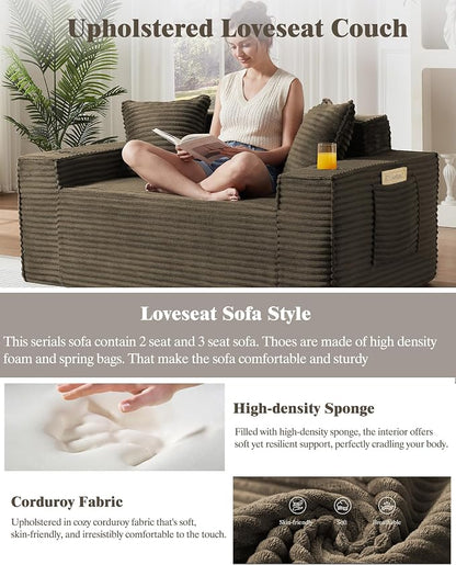 80.7" Boneless Sofa Couches with Cup Holder,3 Seat Couch with Side Pocket, Cloud Couch for Compact Living Rooms, Apartments (Brown, 3 Seat Sofa)