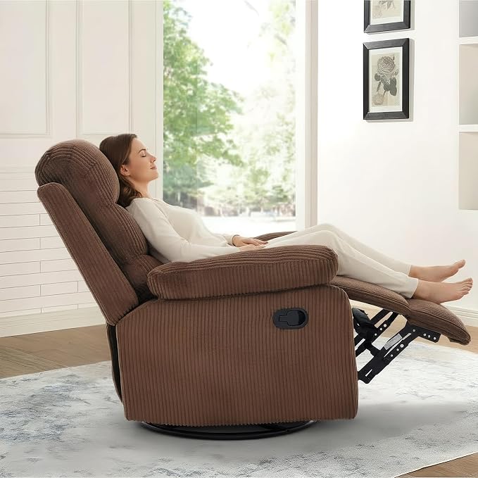 Rocking Recliner Chair,Modern Swivel Glider Recliner Chair,Corduroy Fabric Upholstery Recliner,Manual Reclining Sofa Chair for Living Room,Office,Apartment (Brown)