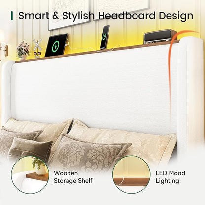 LARMACE King Size Bed Frame with LED Lights and Charging Station Linen Upholstered Platform Bed Frame with 51.2" Tall Wingback Headboard and Storage Shelf, No Box Spring Needed, Easy Assembly, Cream